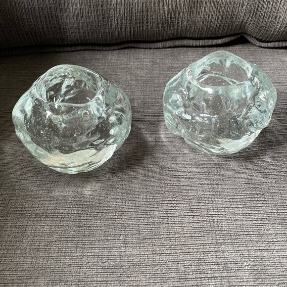 Pair of heavy snowball glass candle holders
